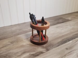 DESK-ORGANIZER-PEN-HOLDER Walnut Pencil cup with brass risers.